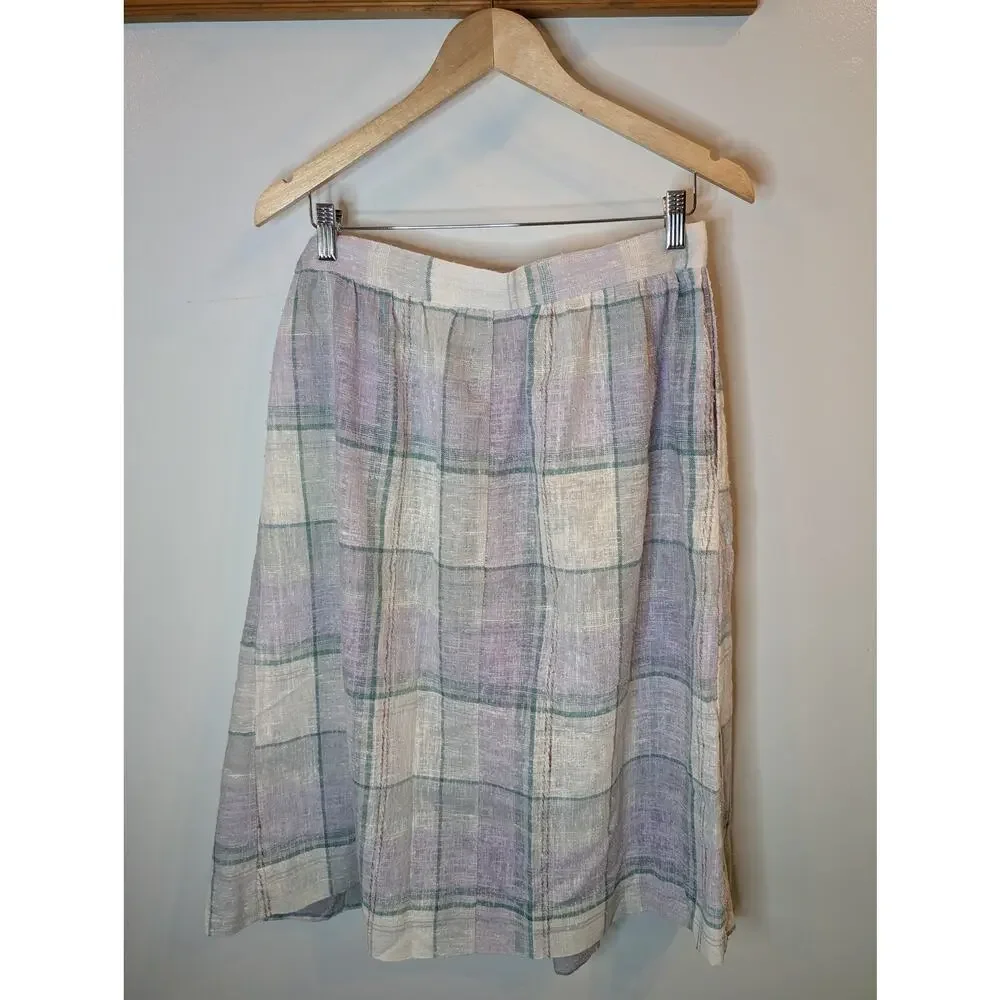 Vintage JCPenney Linen Plaid Pleated Midi Skirt Lavender Green Cream Women Sz 18